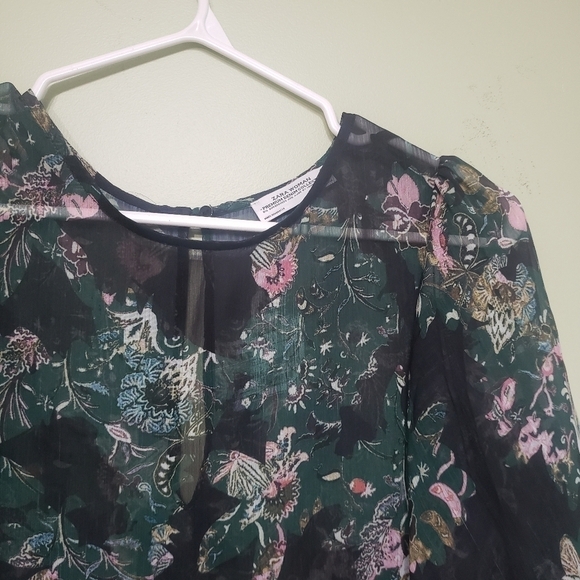 Zara Sheer Black and Green Floral Tunic Size Small - Picture 2 of 13